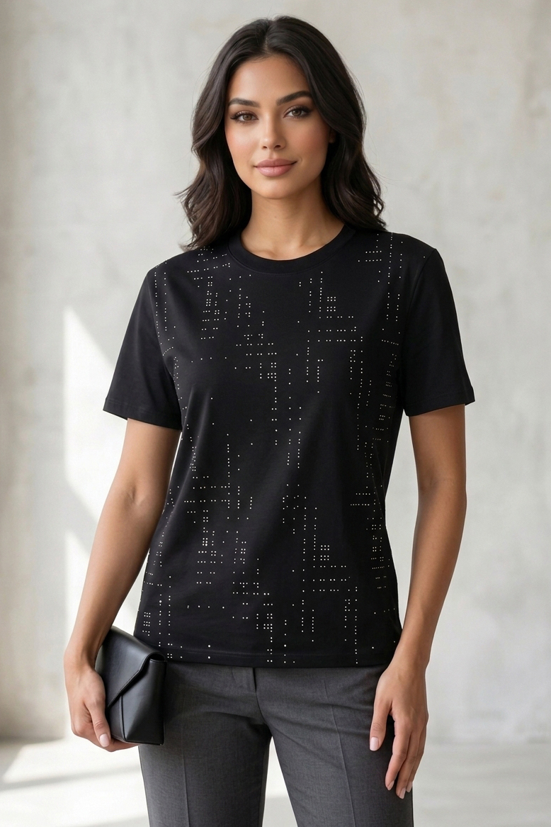 Damla Taşlı T-shirt  - 28417-SIYAH