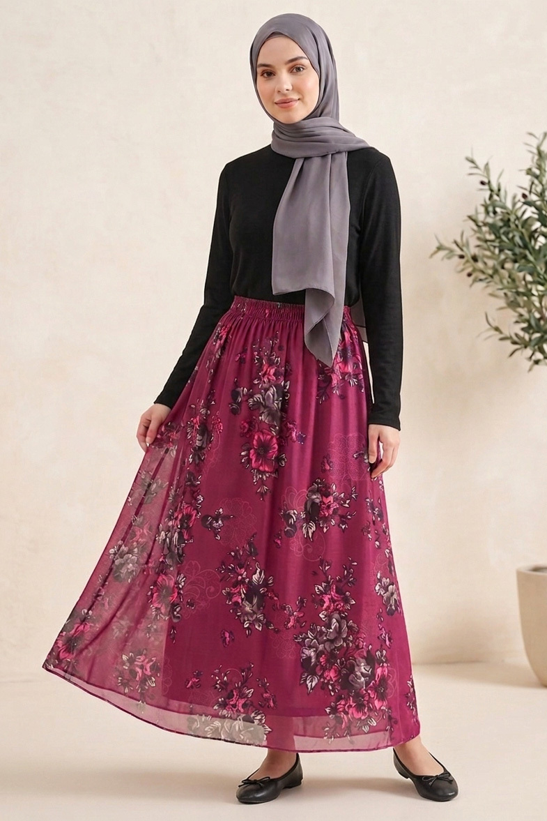 Desenli Astarlı Şifon Etek Mürdüm - 28433-MURDUM