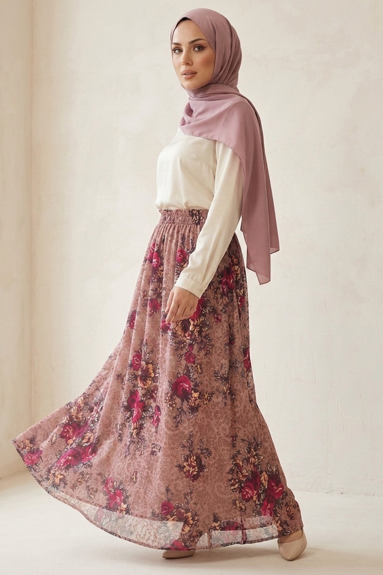 Desenli Astarlı Şifon Etek Somon - 28433-SOMON