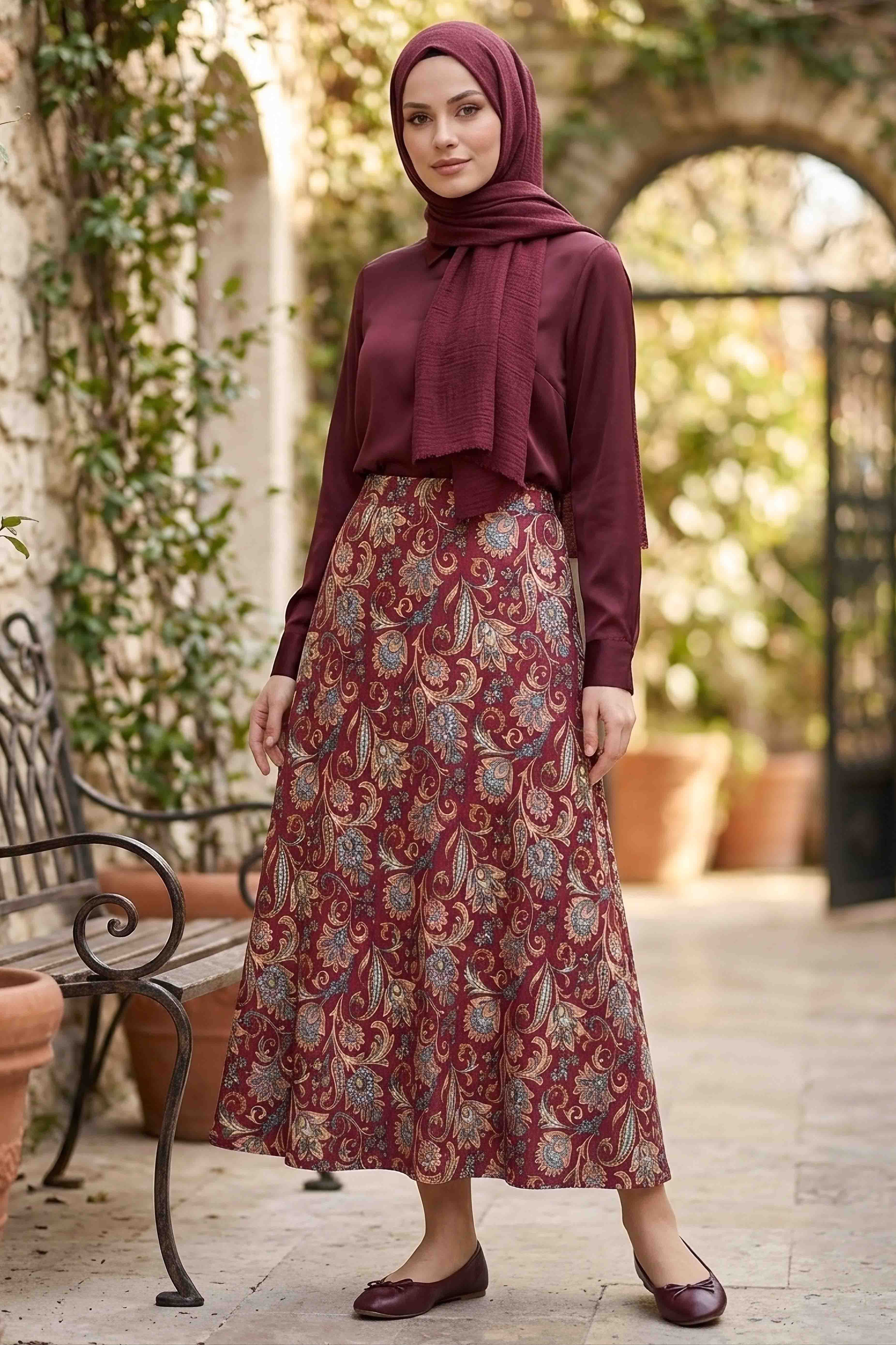 Desenli Bürümcük Etek  - 2097-BORDO