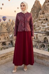 Desenli Ceket Etekli Takım Bordo - 28632-BORDO - TOFİSA