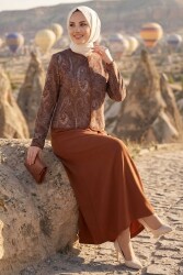 Desenli Ceket Etekli Takım Kahve - 28632-KAHVE - TOFİSA