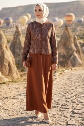 Desenli Ceket Etekli Takım Kahve - 28632-KAHVE - TOFİSA (1)