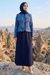 Desenli Ceket Etekli Takım Lacivert - 28632-LACIVERT - TOFİSA