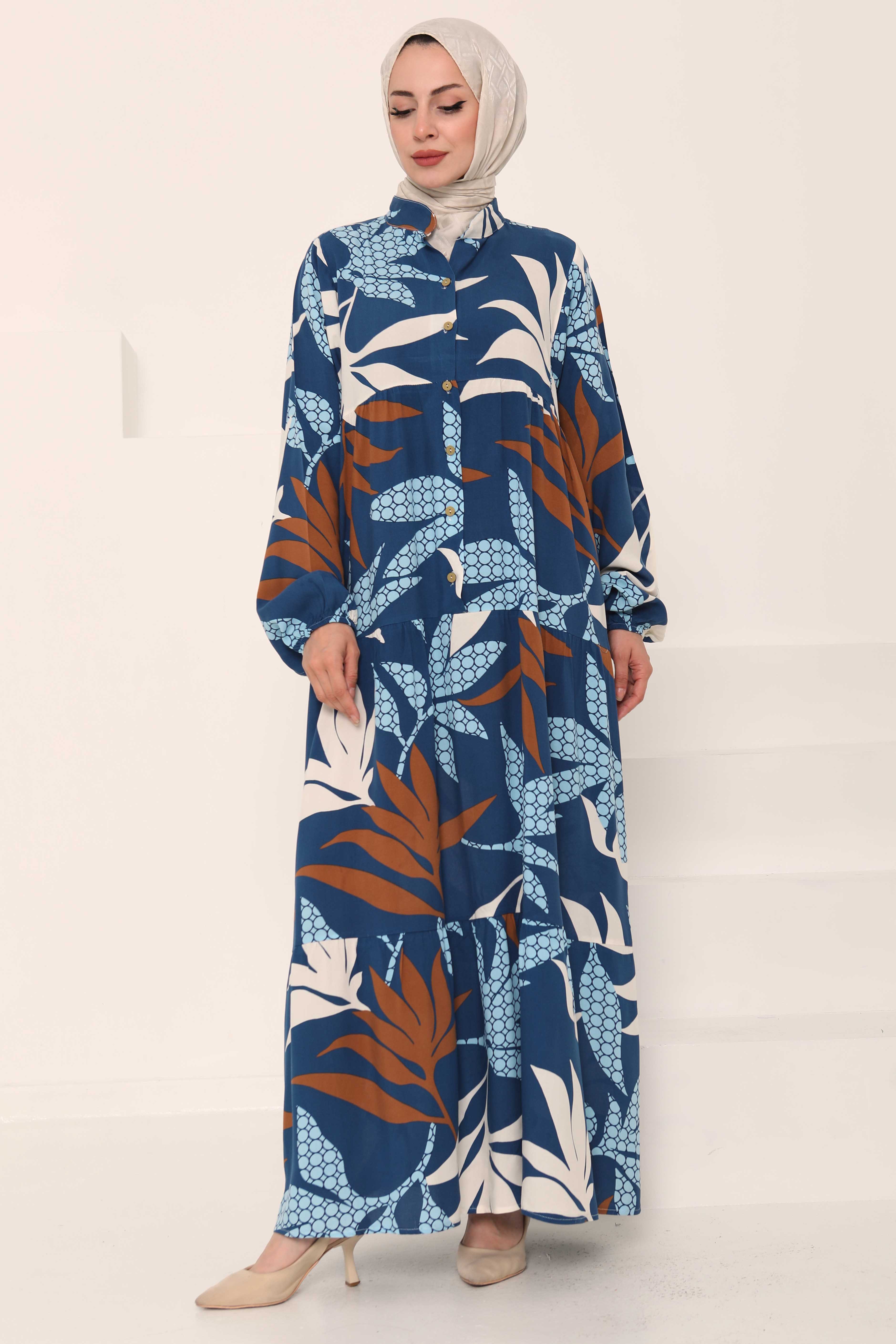 Desenli Düğmeli Elbise Indigo - 27041