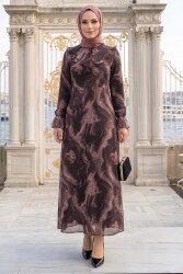 Desenli Fırfırlı Tül Elbise Bej - 28633-BEJ - TOFİSA