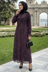 Desenli Fırfırlı Tül Elbise Bordo - 28633-BORDO - TOFİSA (1)