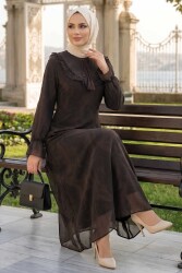 Desenli Fırfırlı Tül Elbise Kahve - 28633-KAHVE - TOFİSA (1)