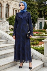 Desenli Fırfırlı Tül Elbise Lacivert - 28633-LACIVERT - TOFİSA