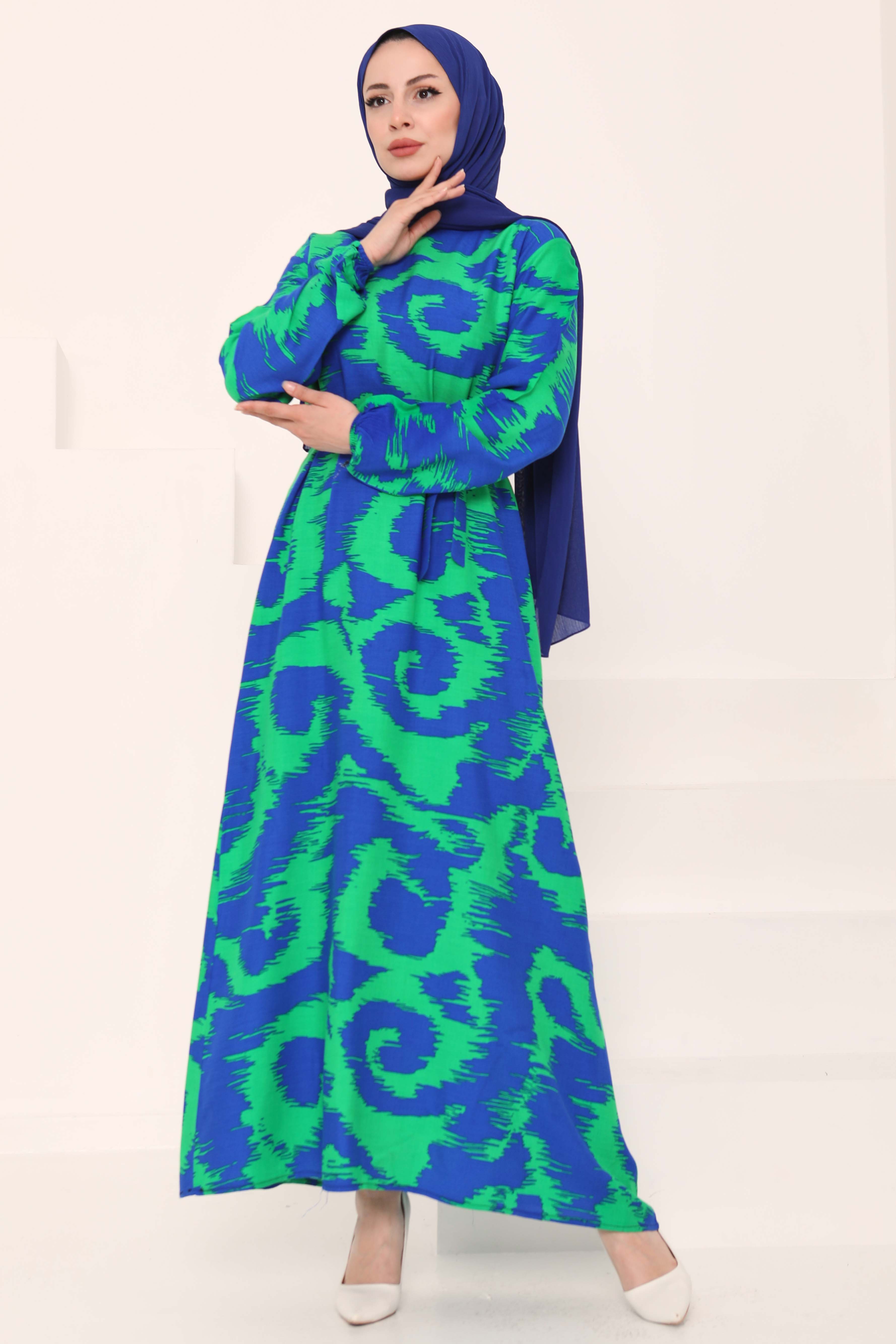 Desenli Kuşaklı Elbise Yesil - 27039