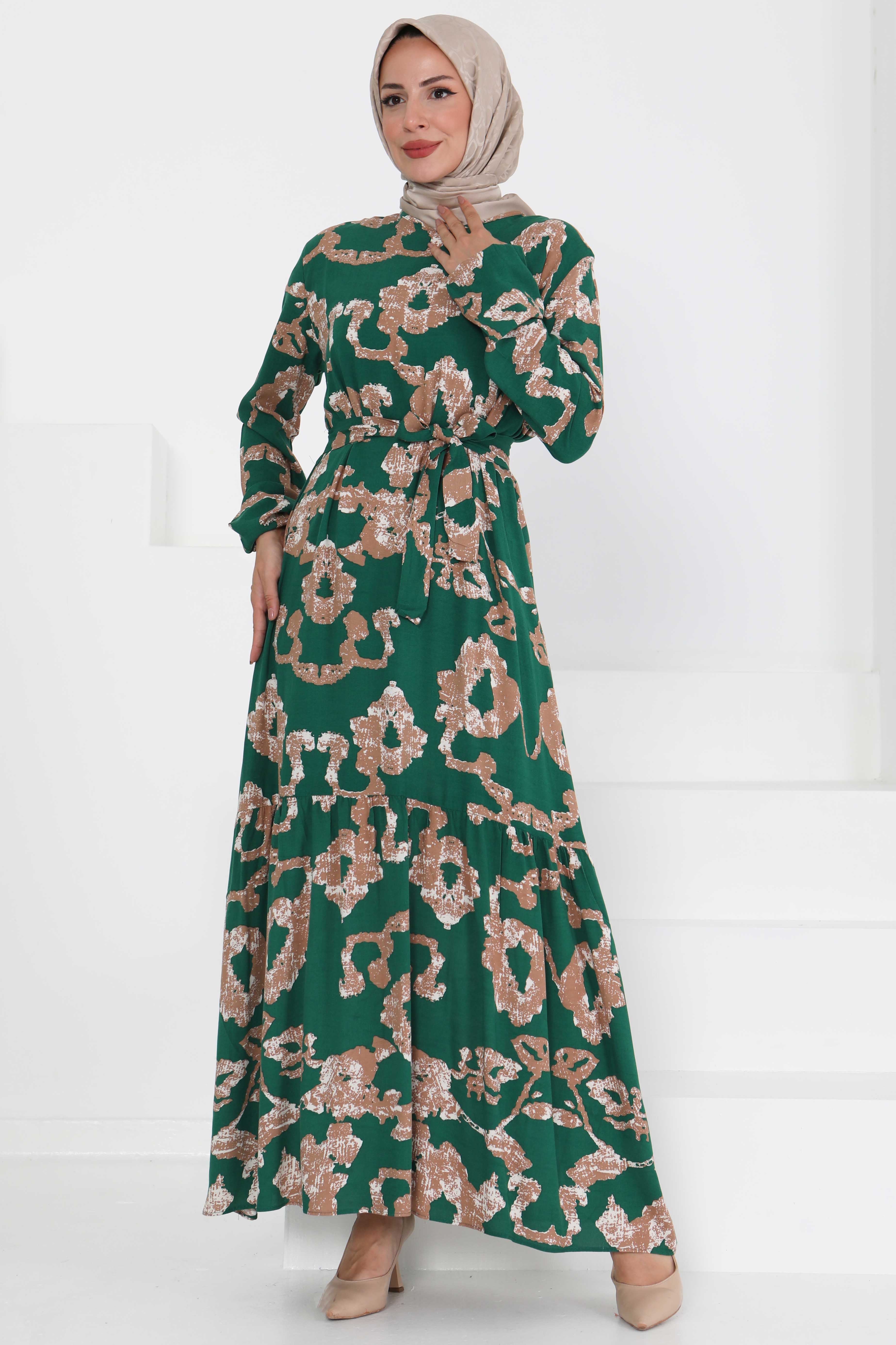 Desenli Kuşaklı Elbise - 27429