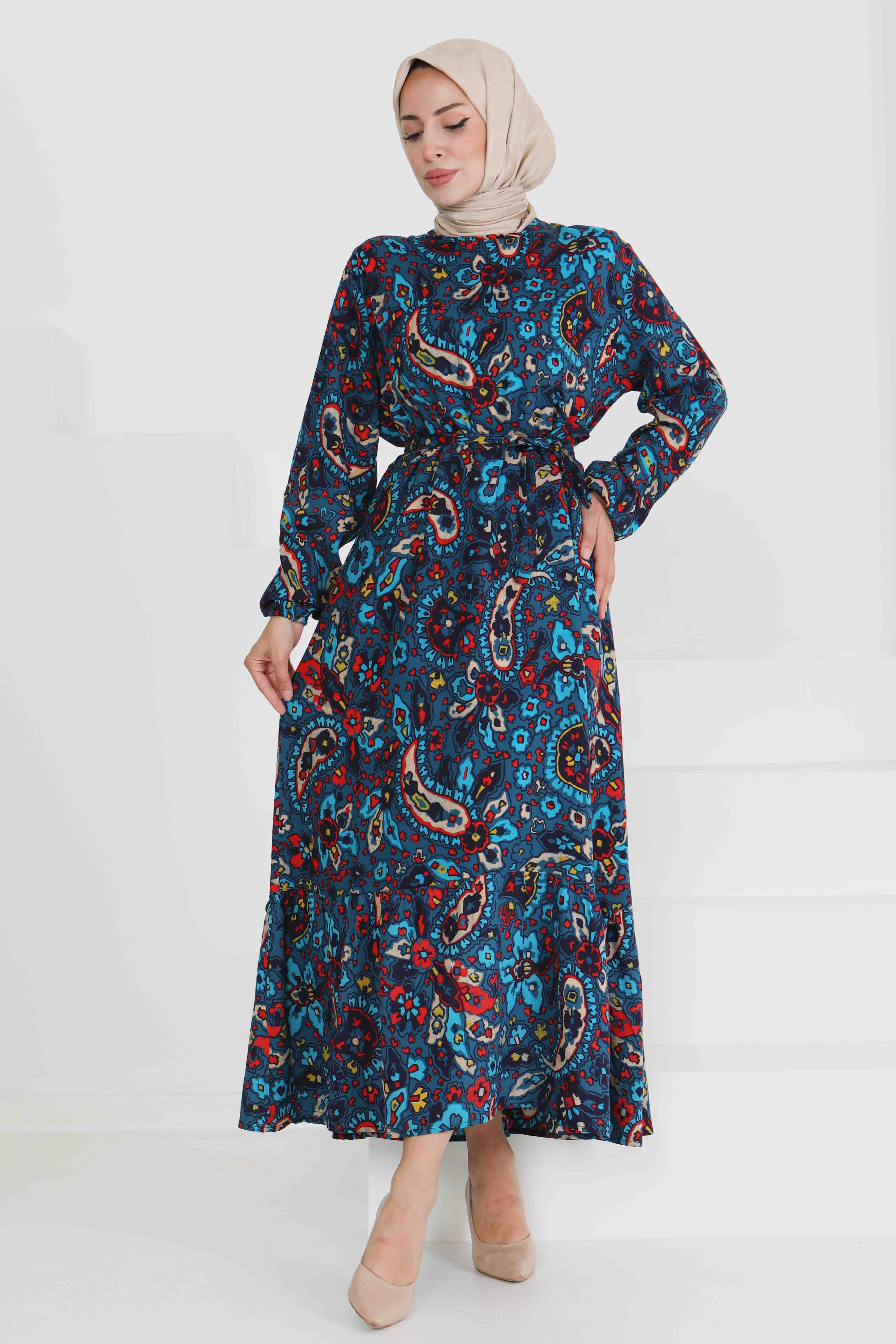 Desenli Kuşaklı Elbise - 27472