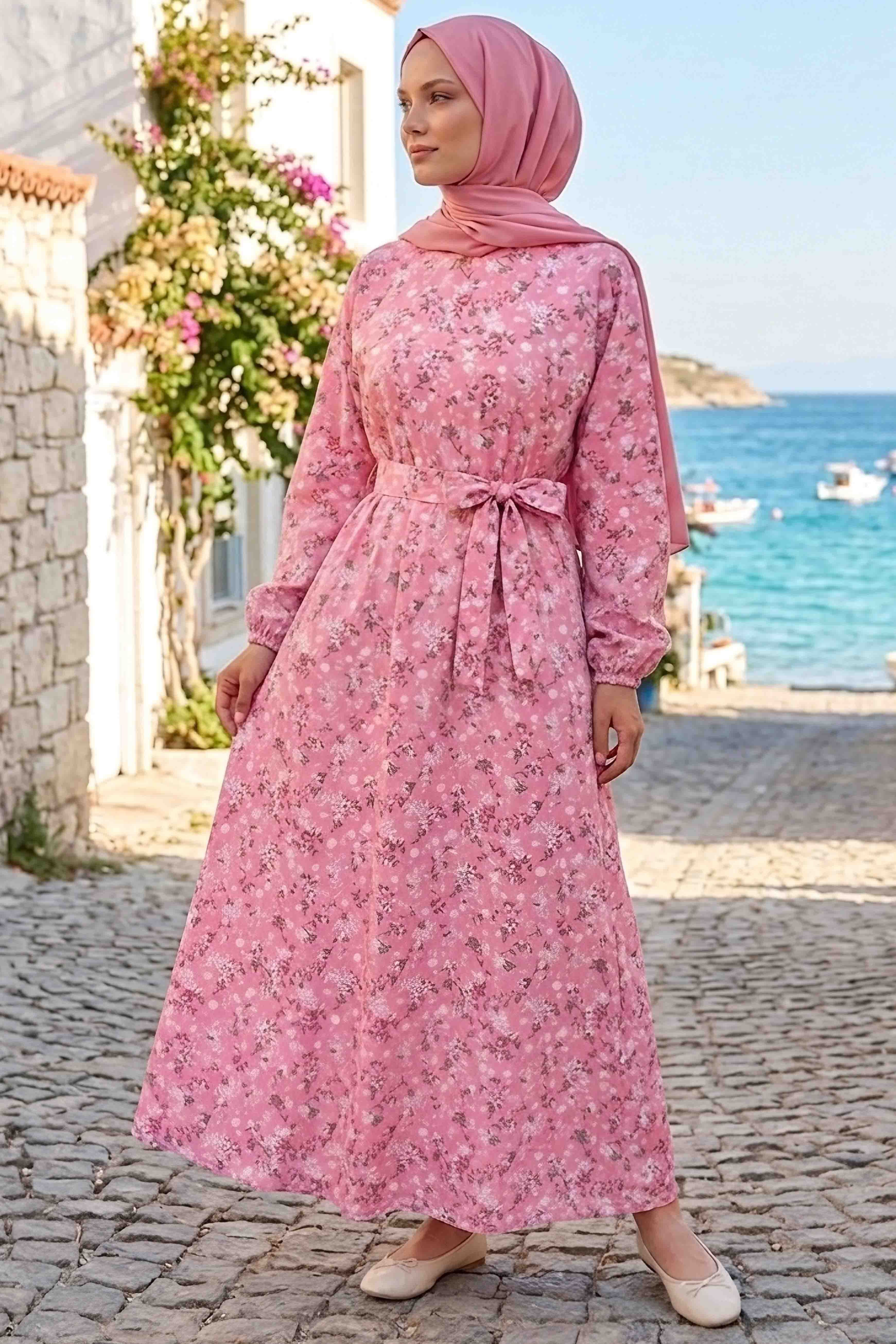 Desenli Kuşaklı Lastik Detaylı Elbise  - 2115-GUL