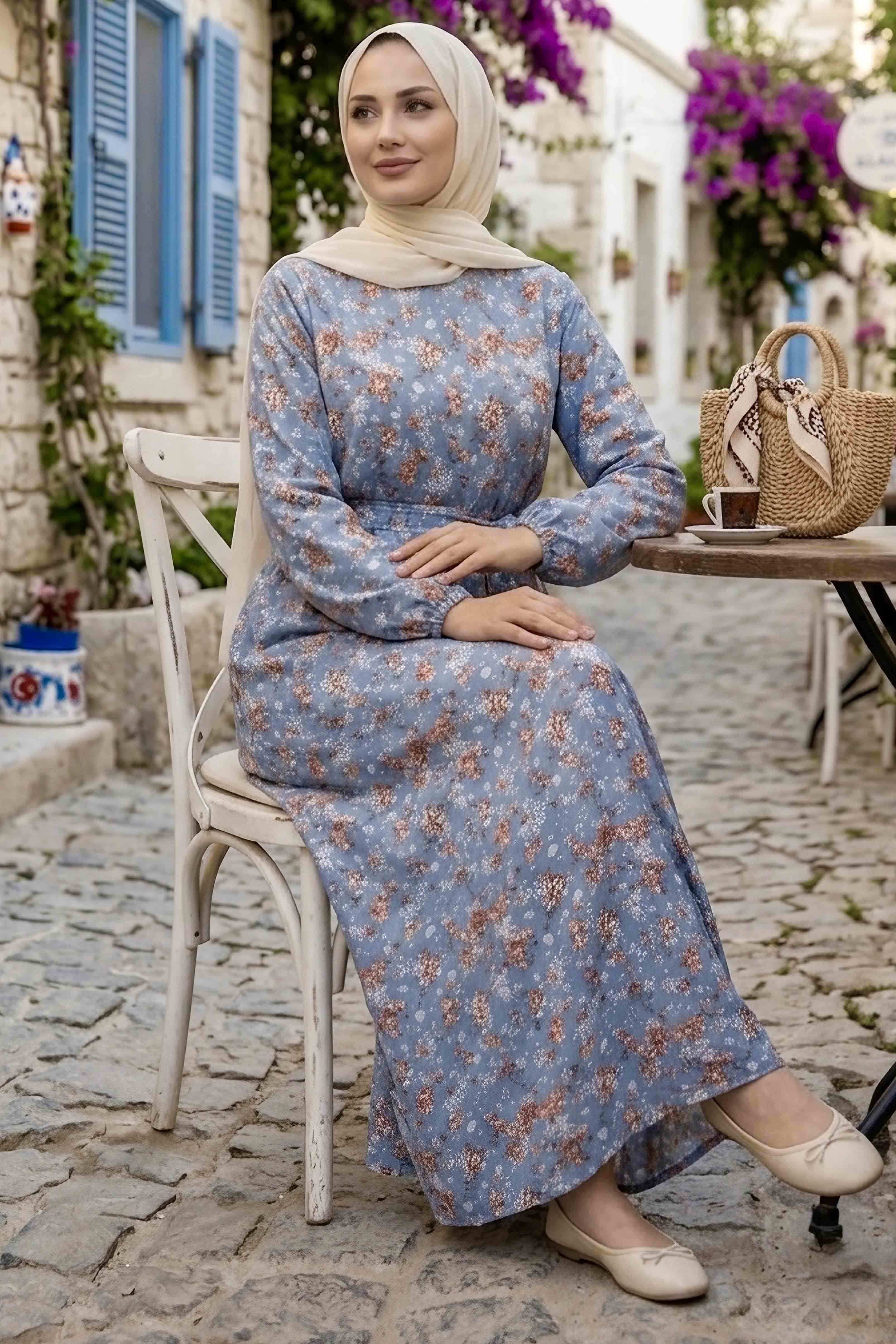Desenli Kuşaklı Lastik Detaylı Elbise  - 2115-INDIGO