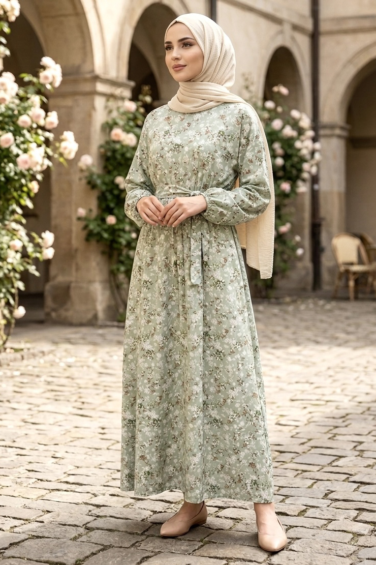 Desenli Kuşaklı Lastik Detaylı Elbise  - 2115-MINT