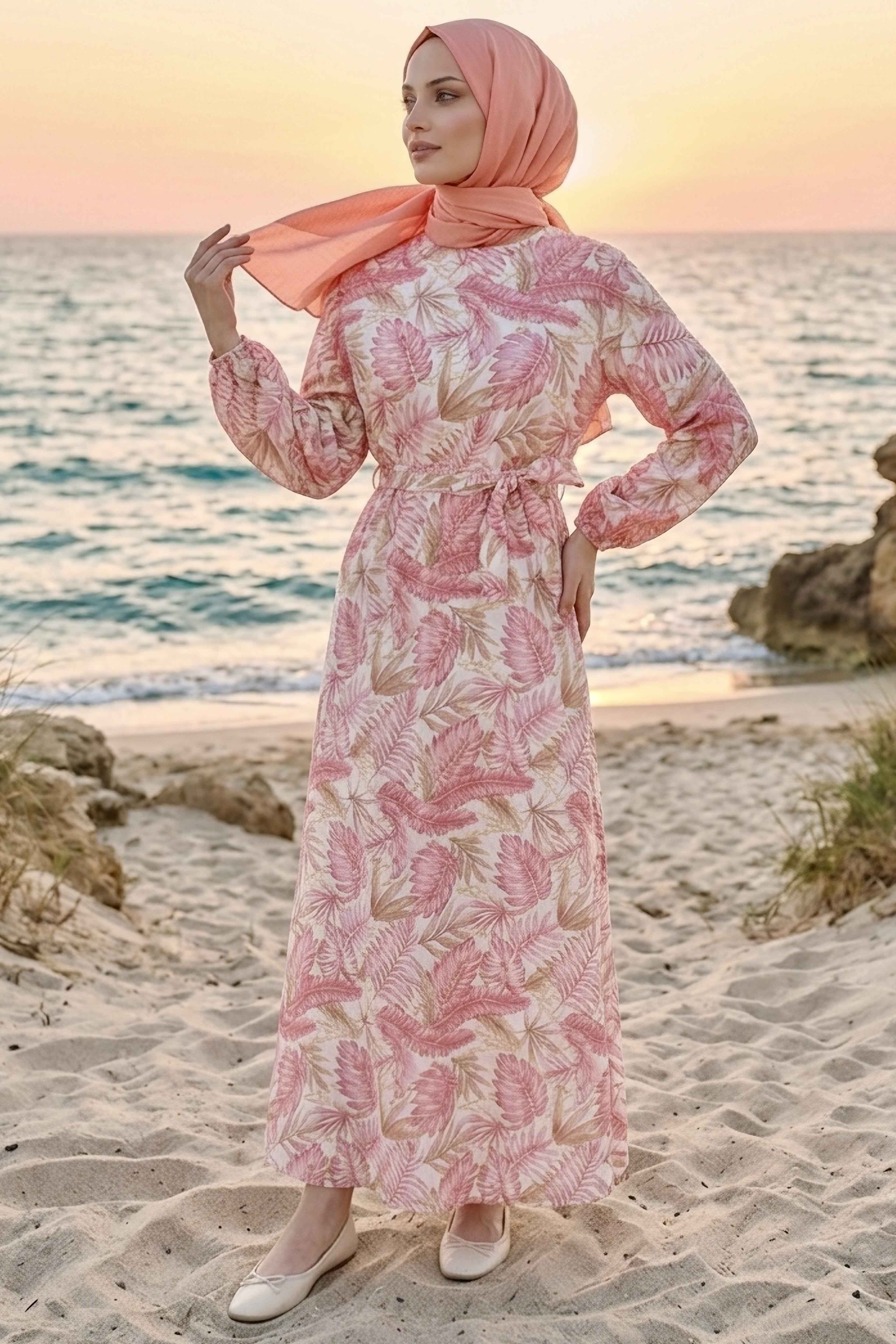 Desenli Kuşaklı Lastik Detaylı Elbise  - 2115-PEMBE