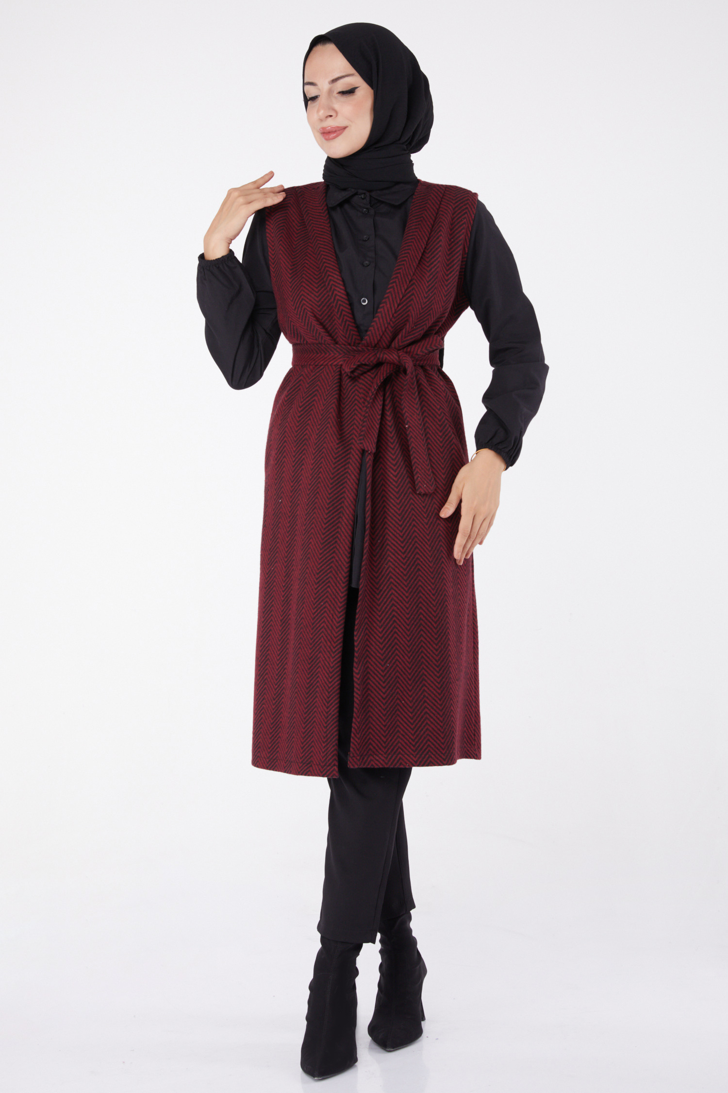 Desenli Kuşaklı Yelek  - 27758-BORDO