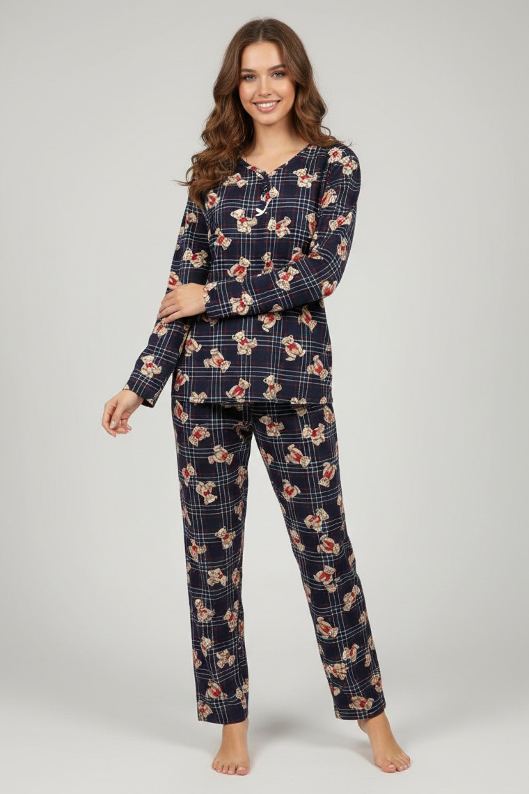 Desenli Süet Pijama Takımı  - 28048-LACIVERT