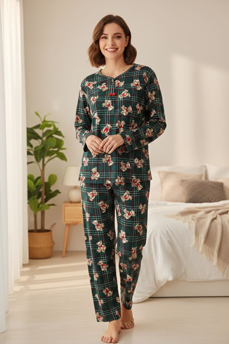 Desenli Süet Pijama Takımı  - 28048-ZUMRUT