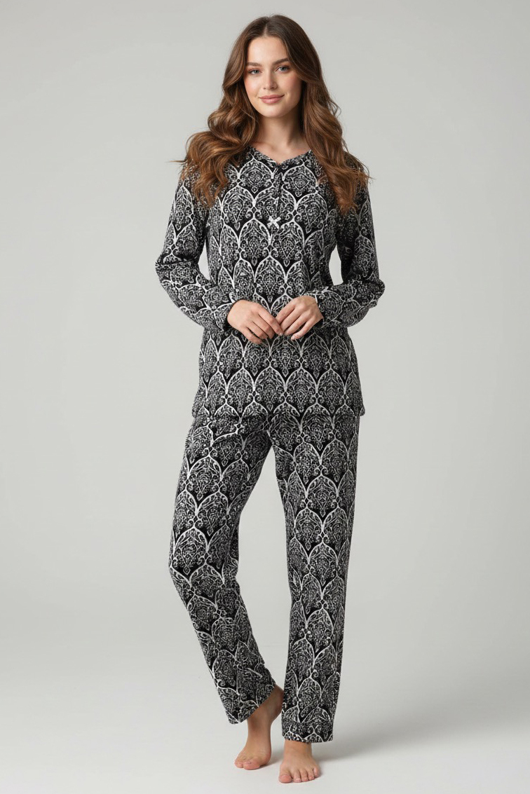 Desenli Süet Pijama Takımı  - 28051-SIYAH