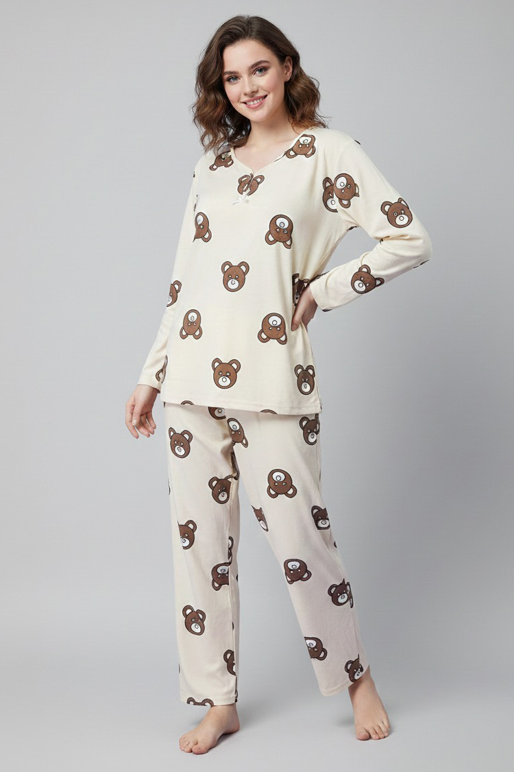 Desenli Süet Pijama Takımı  - 28052-KREM