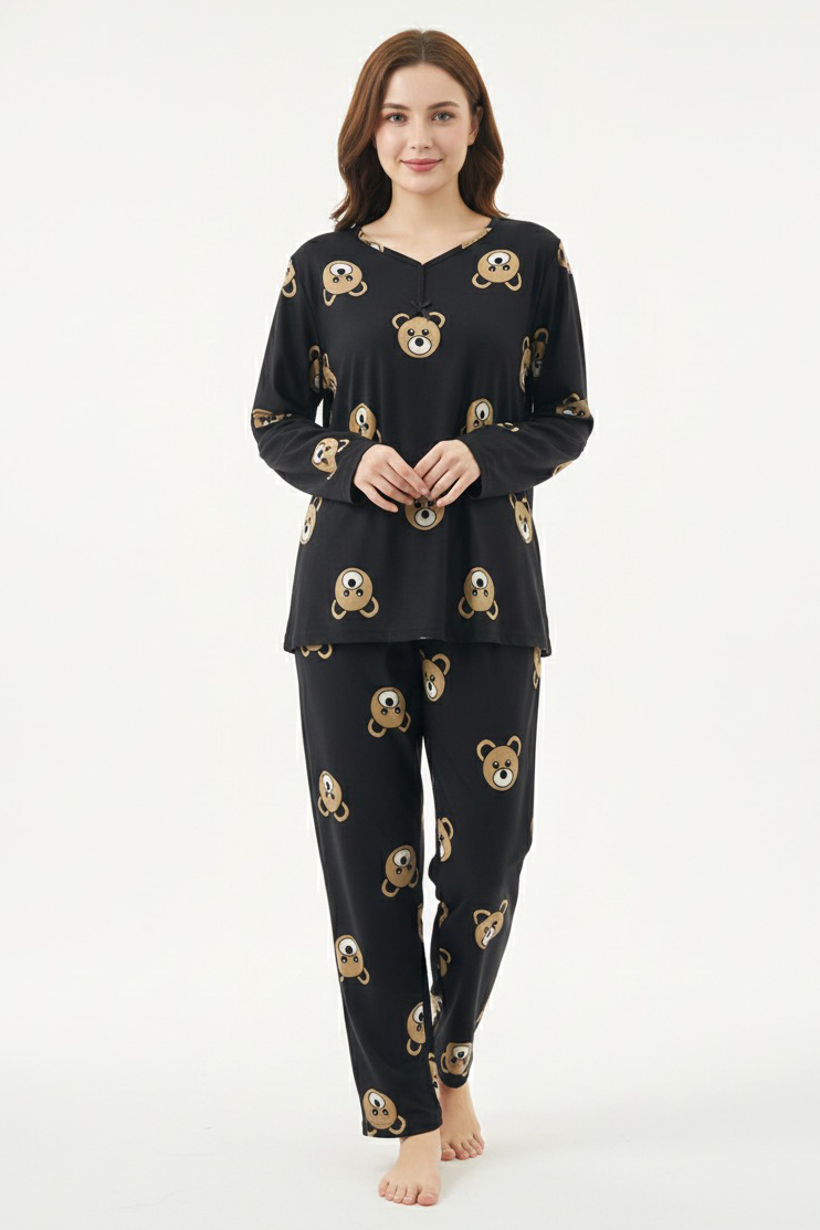 Desenli Süet Pijama Takımı  - 28052-SIYAH