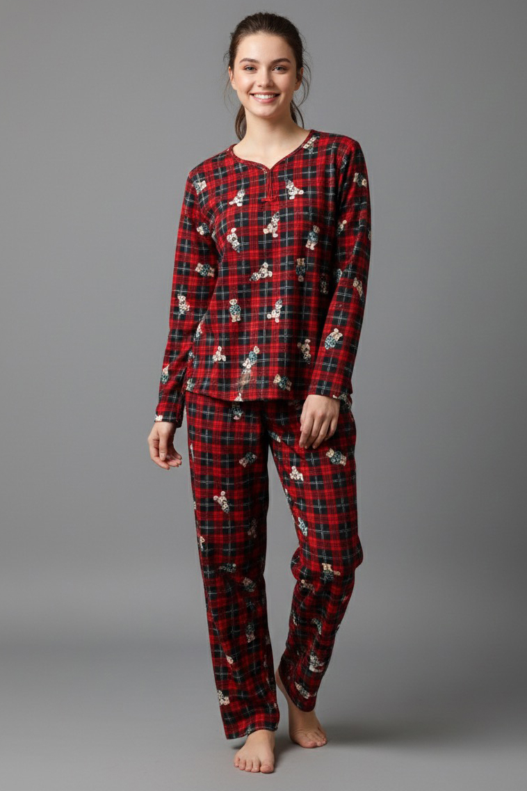 Desenli Süet Pijama Takımı  - 28055-KIRMIZI