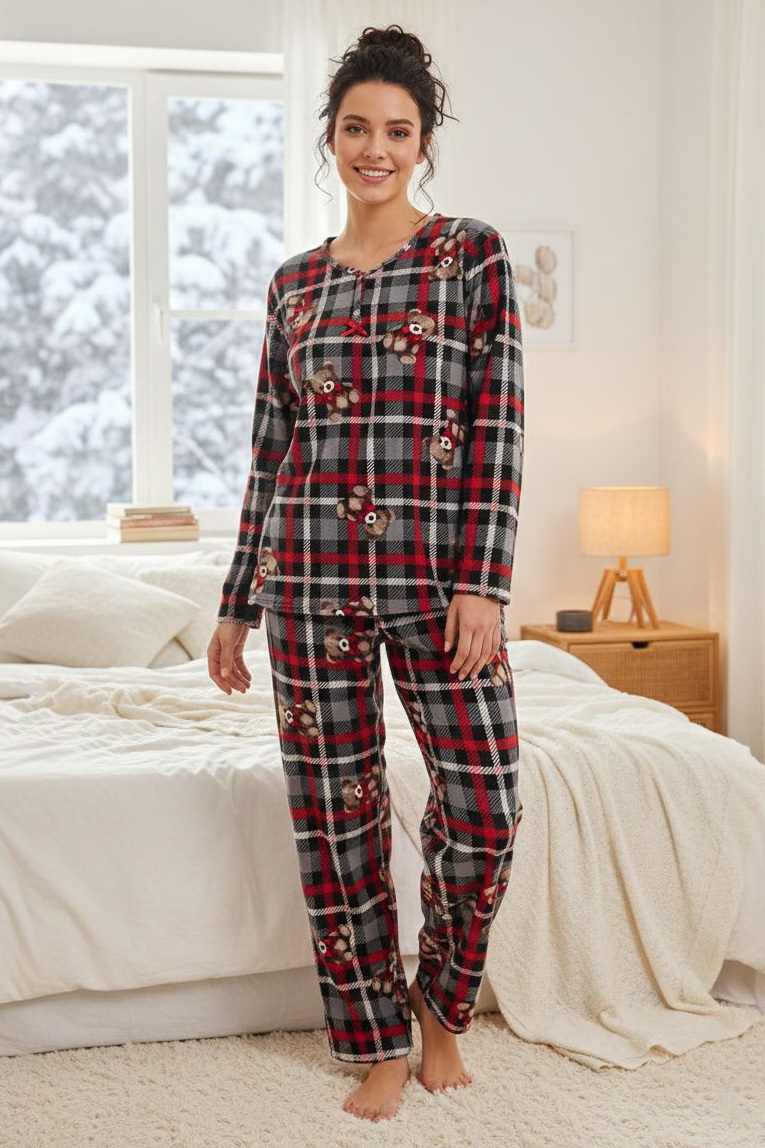 Desenli Süet Pijama Takımı  - 28056-GRI