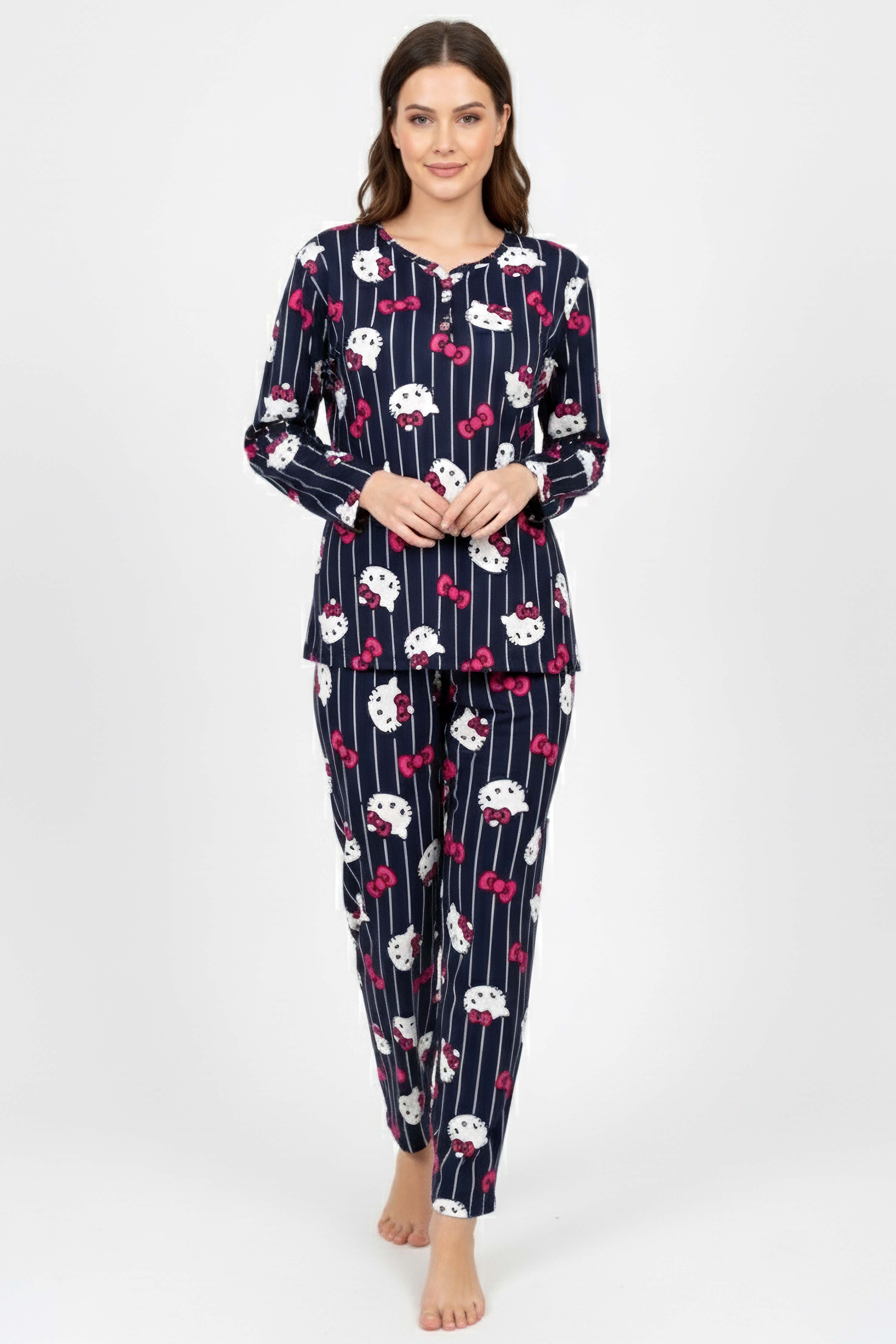 Desenli Süet Pijama Takımı  - 28082-LACIVERT
