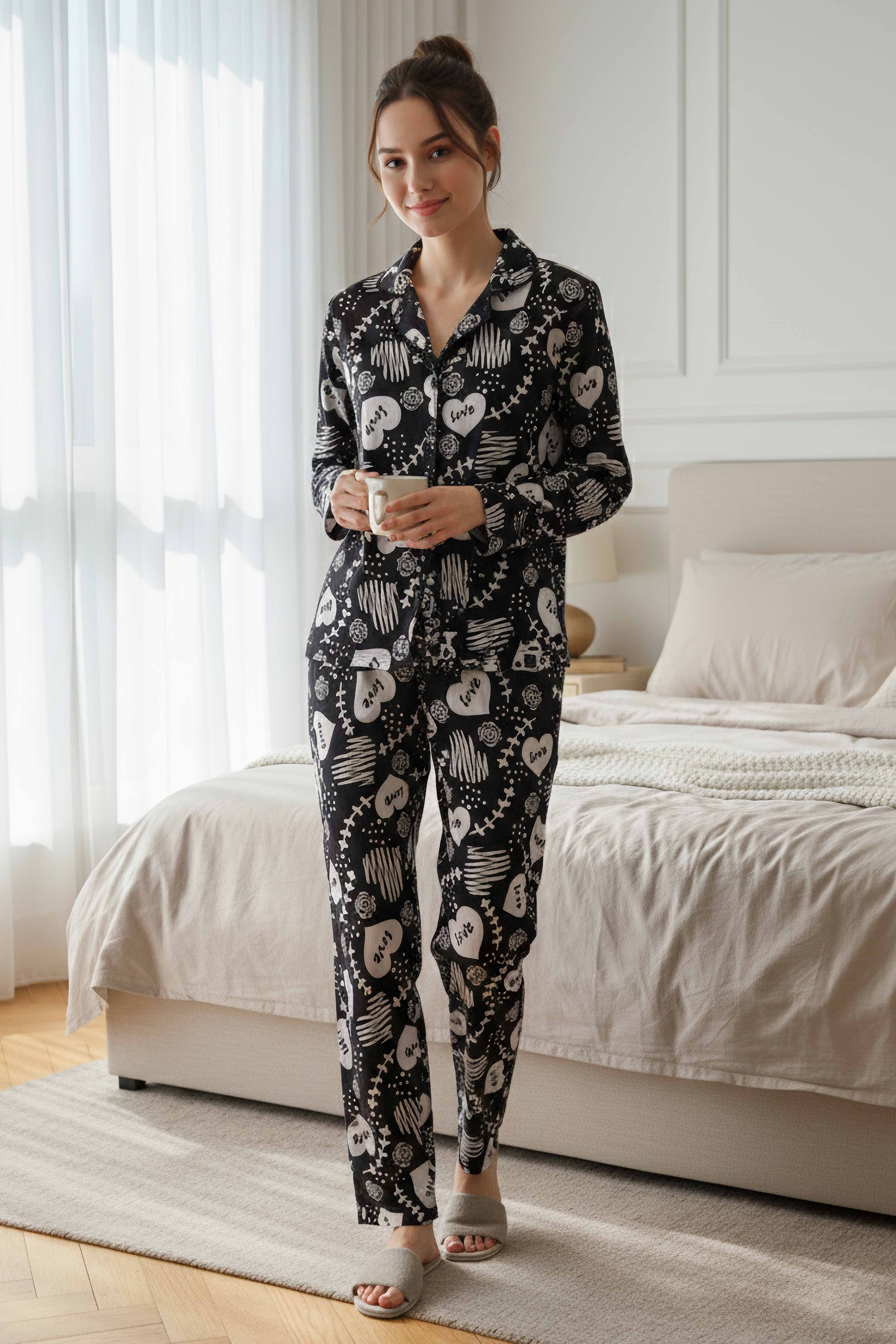 Desenli Süet Pijama Takımı  - 28116-SIYAH