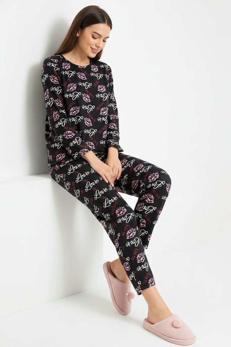 Desenli Süet Pijama Takımı  - 28156-SIYAH