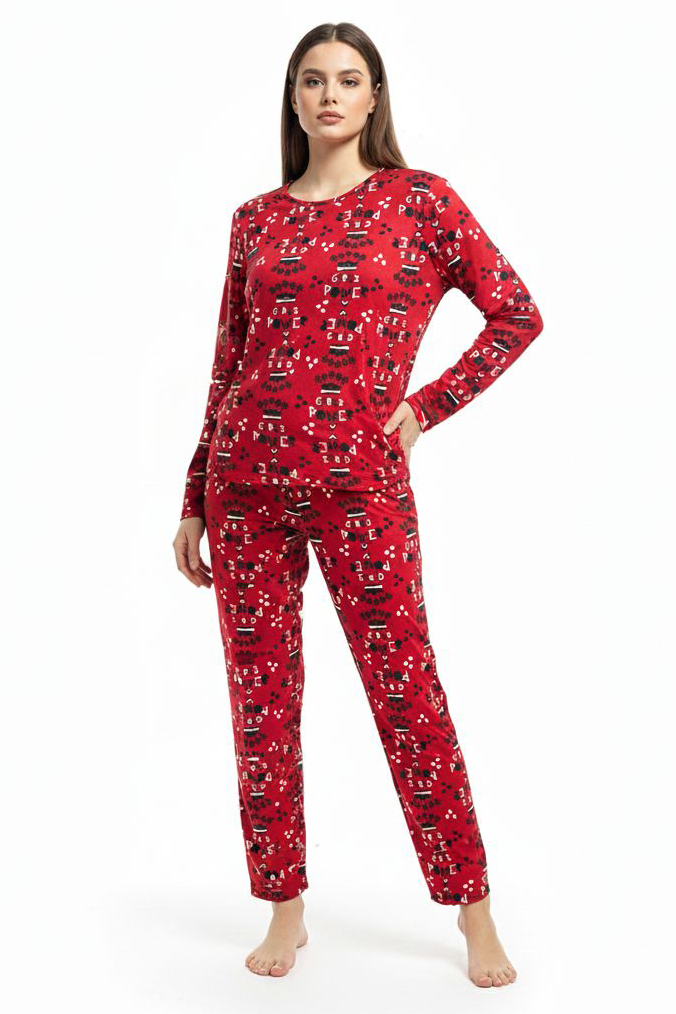Desenli Süet Pijama Takımı  - 28158-KIRMIZI