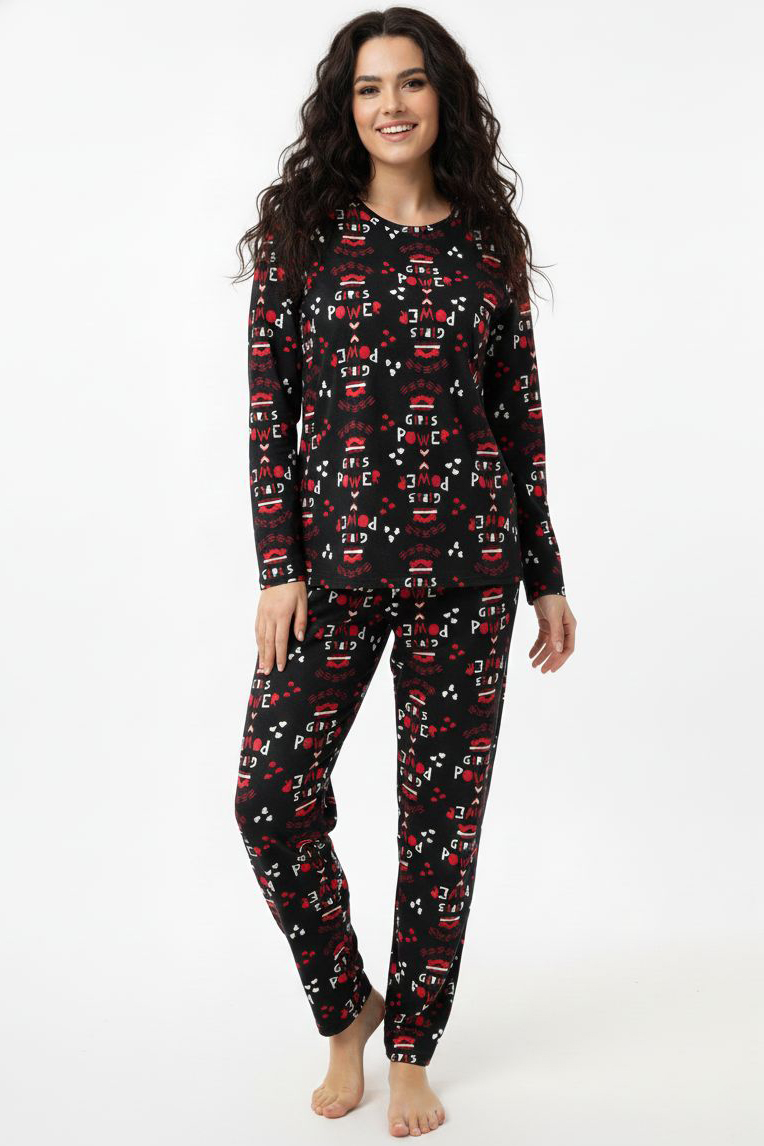 Desenli Süet Pijama Takımı  - 28158-SIYAH