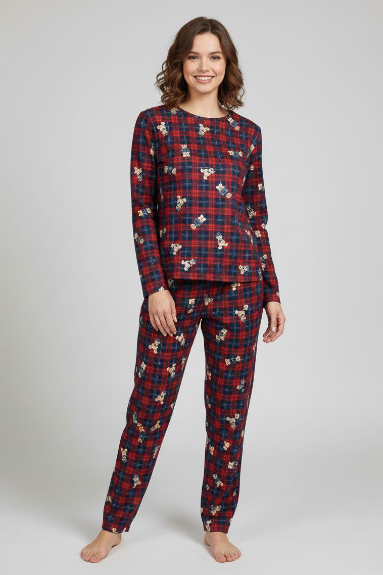 Desenli Süet Pijama Takımı  - 28159-KIRMIZI