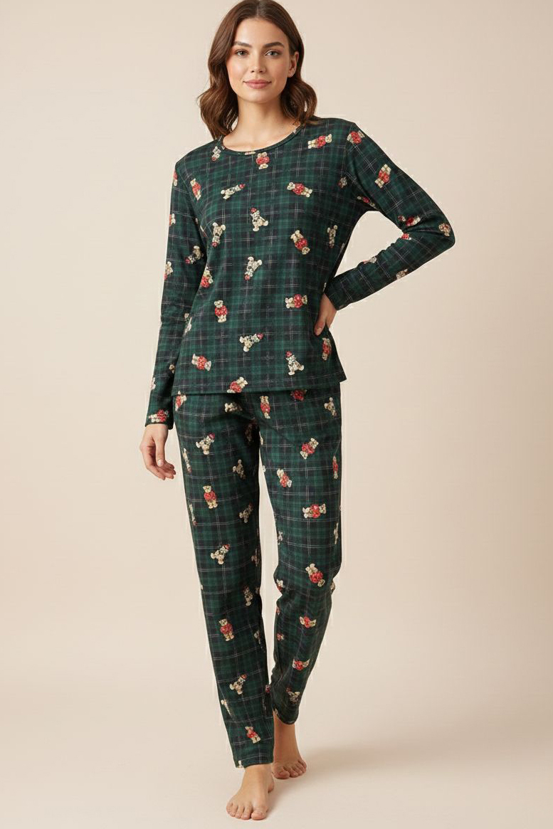 Desenli Süet Pijama Takımı  - 28159-ZUMRUT