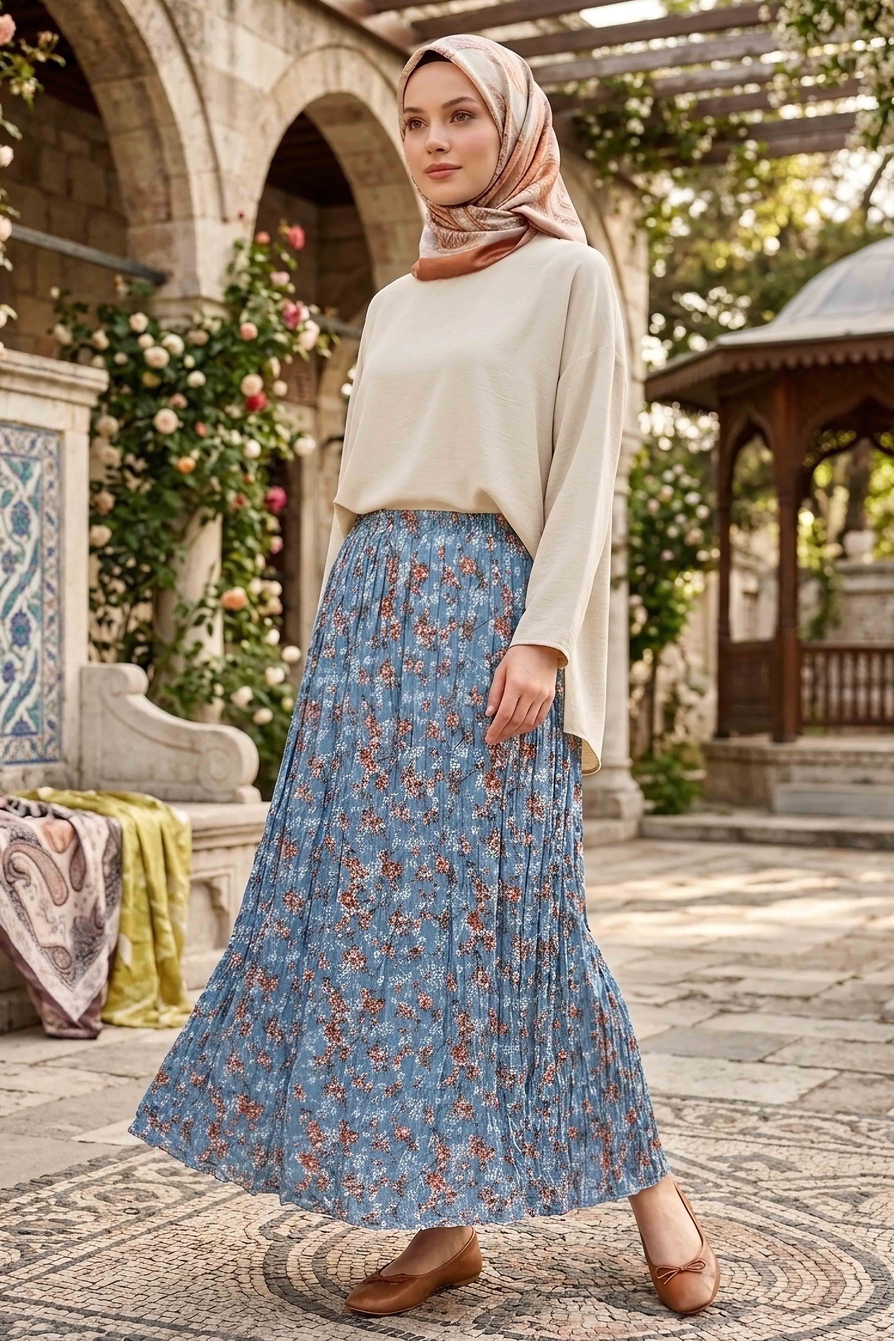 Desenli Trikoton Etek - 2121-INDIGO