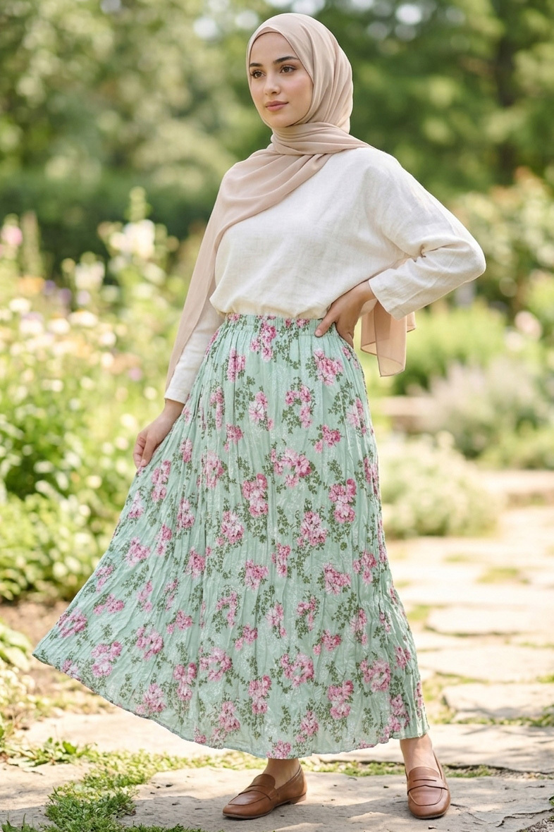 Desenli Trikoton Etek - 2121-MINT-PUDRA