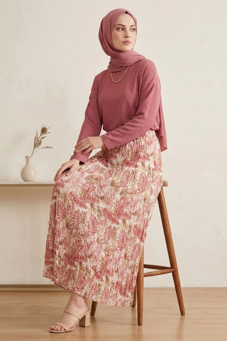 Desenli Trikoton Etek - 2121-PEMBE
