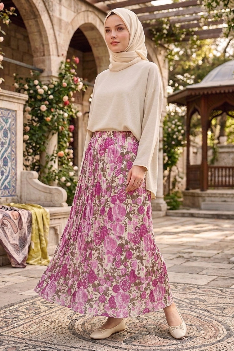 Desenli Trikoton Etek - 2121-PUDRA