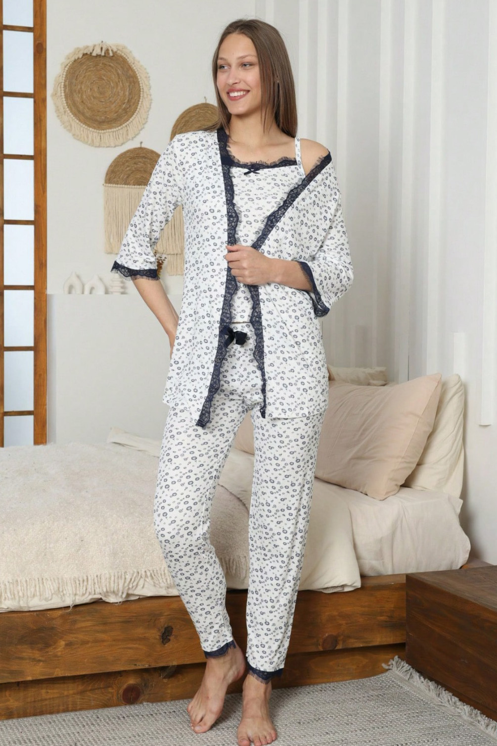 Desenli Üçlü Pijama Takımı  - 28070-LACIVERT