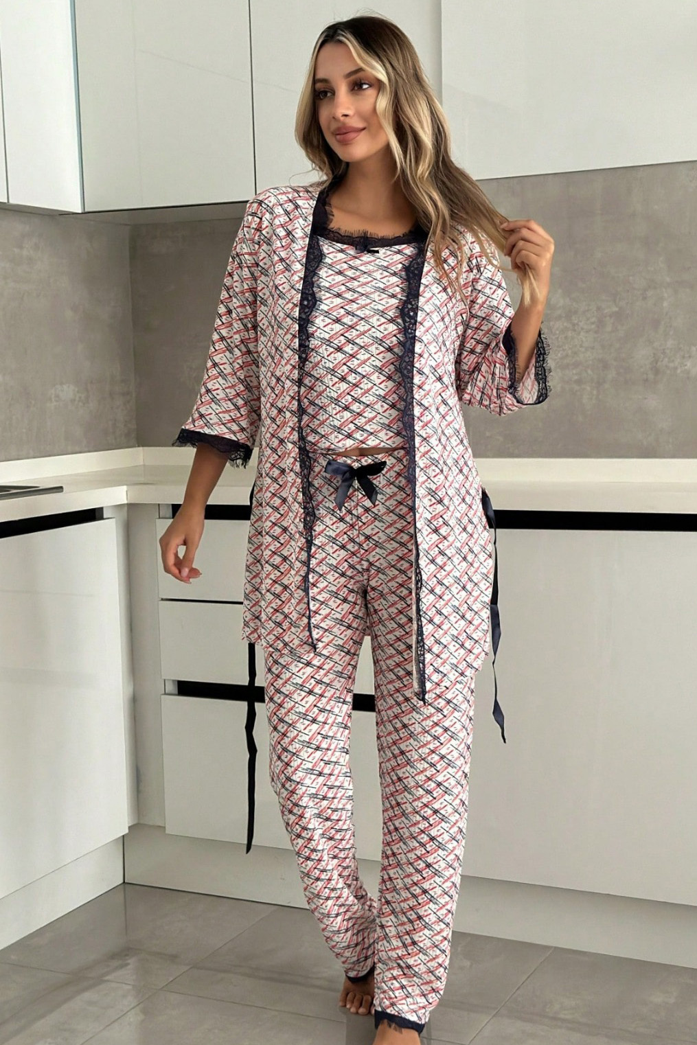 Desenli Üçlü Pijama Takımı  - 28071-KIRMIZI