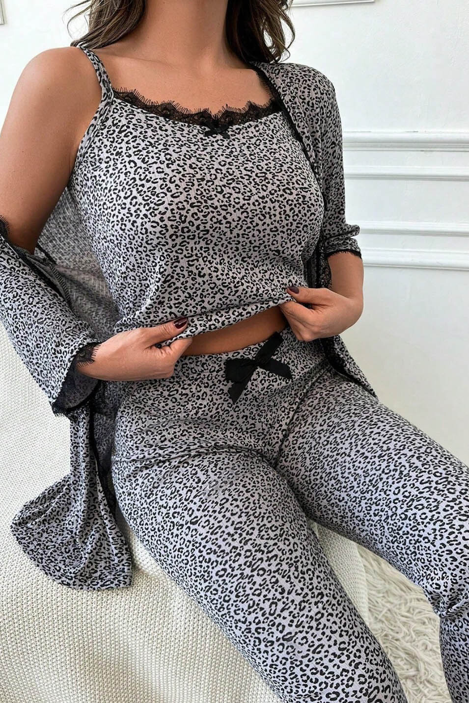 Desenli Üçlü Pijama Takımı  - 28072-GRI