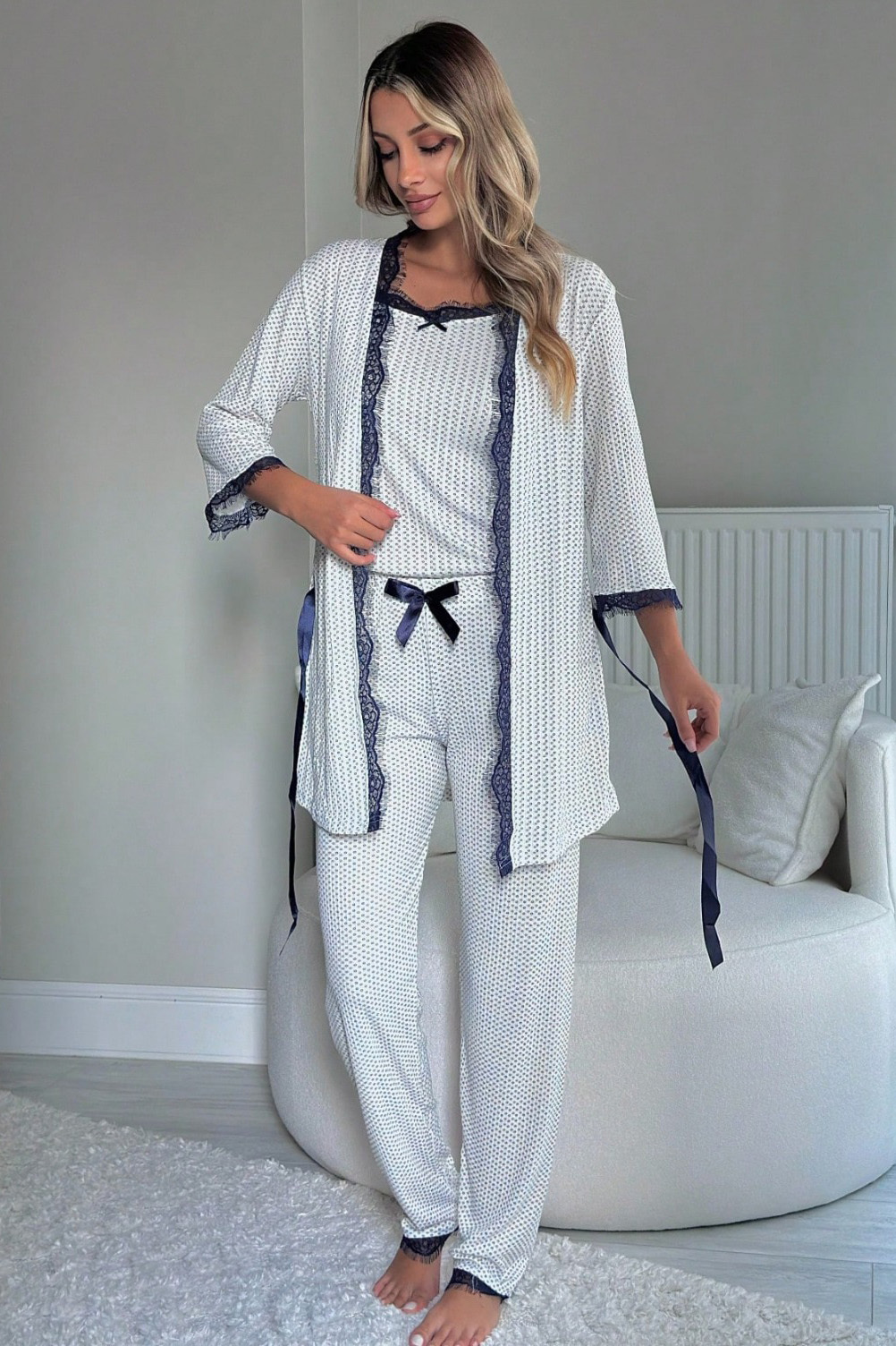 Desenli Üçlü Pijama Takımı  - 28074-LACIVERT