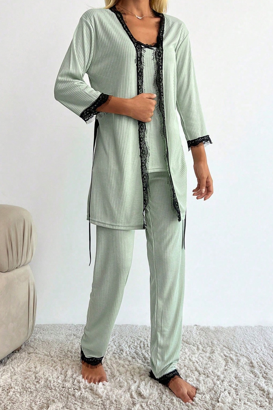 Desenli Üçlü Pijama Takımı  - 28076-MINT