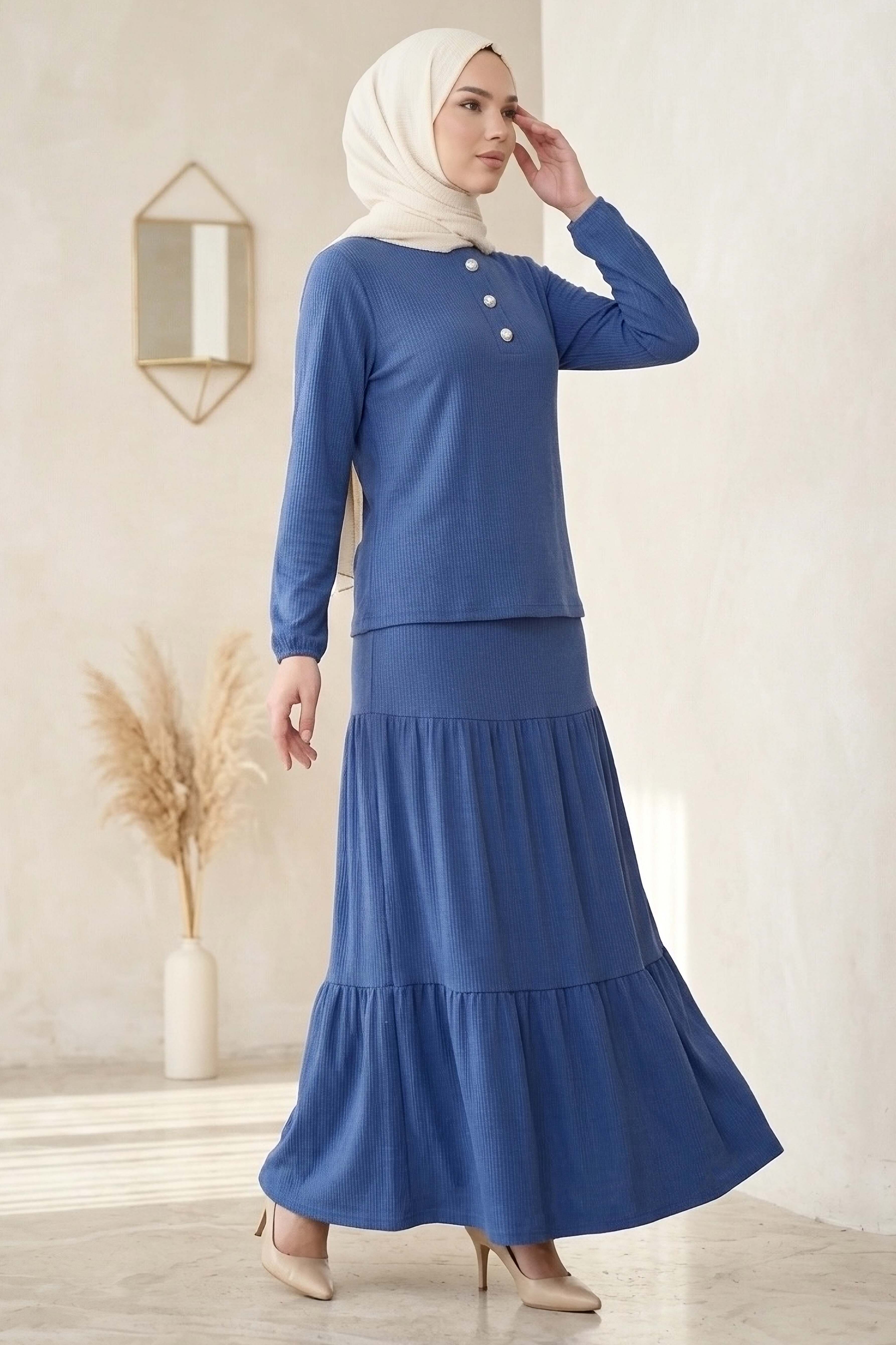 Düğme Detaylı Etek Takım Indigo - 2119-INDIGO