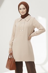 Düğme Detaylı Modal Tunik - 28041-KREM - TOFİSA