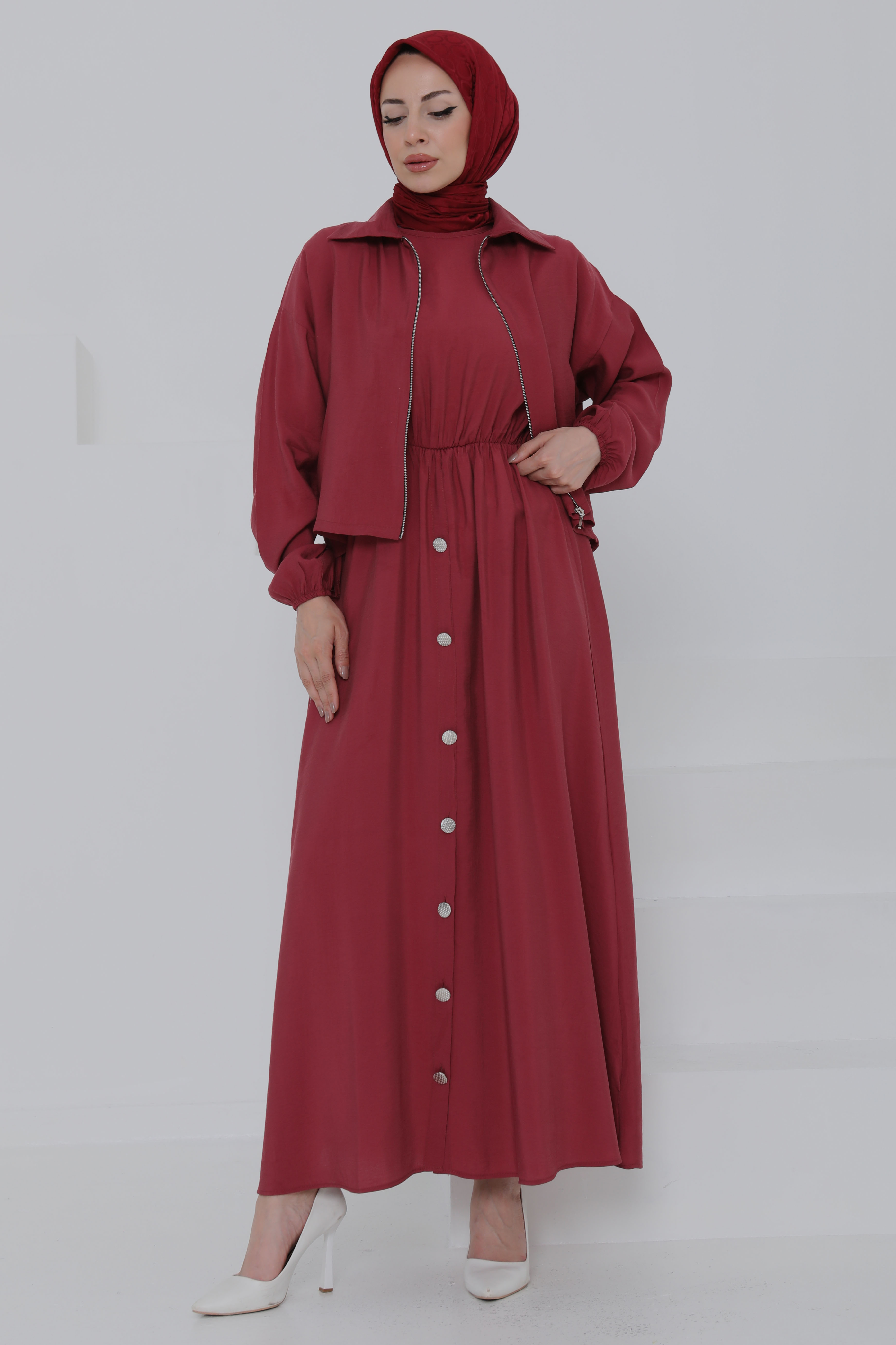 Düğme Detaylı Takım Bordo - 27010