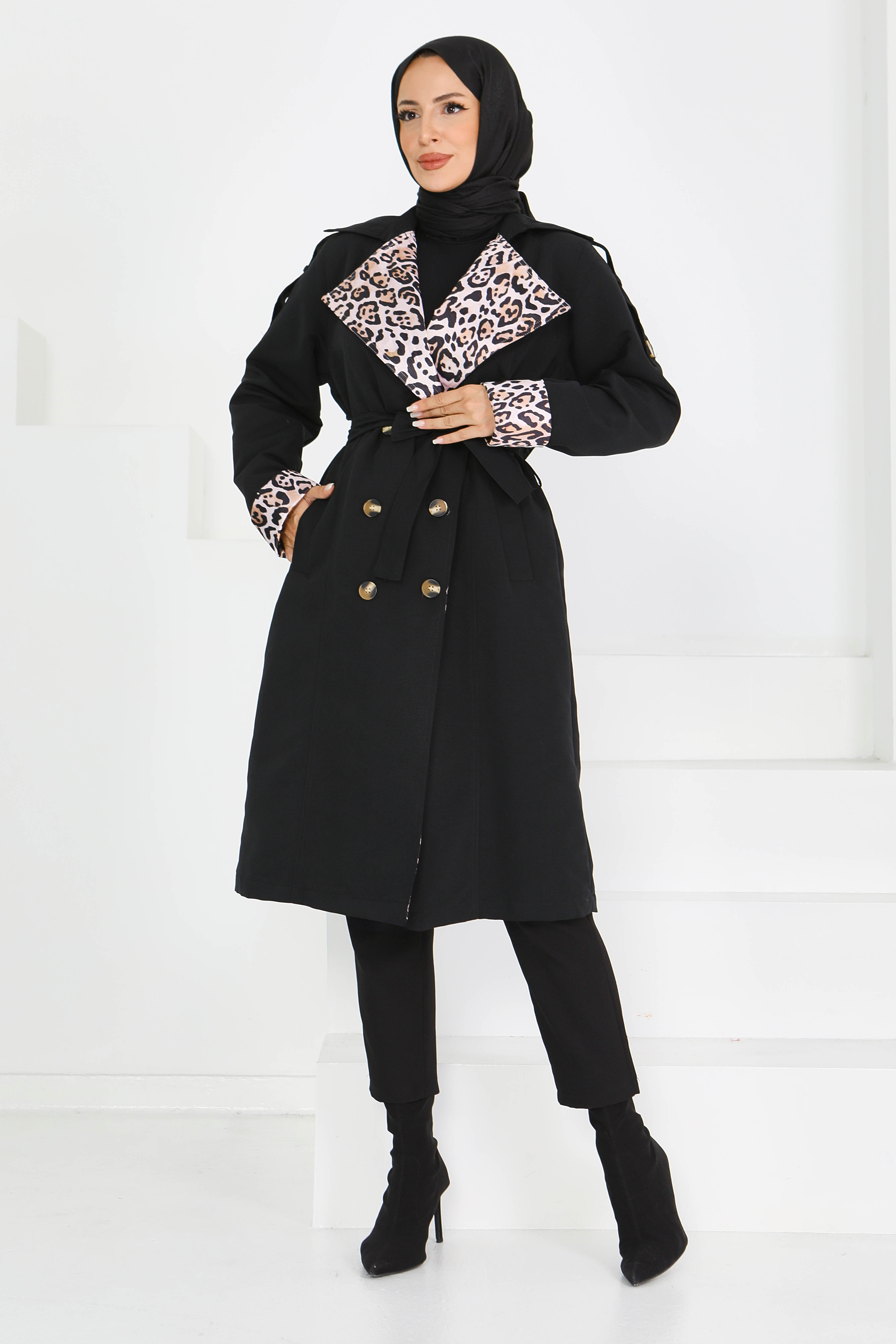 Düğmeli Leopar Detaylı Trençkot - 27602