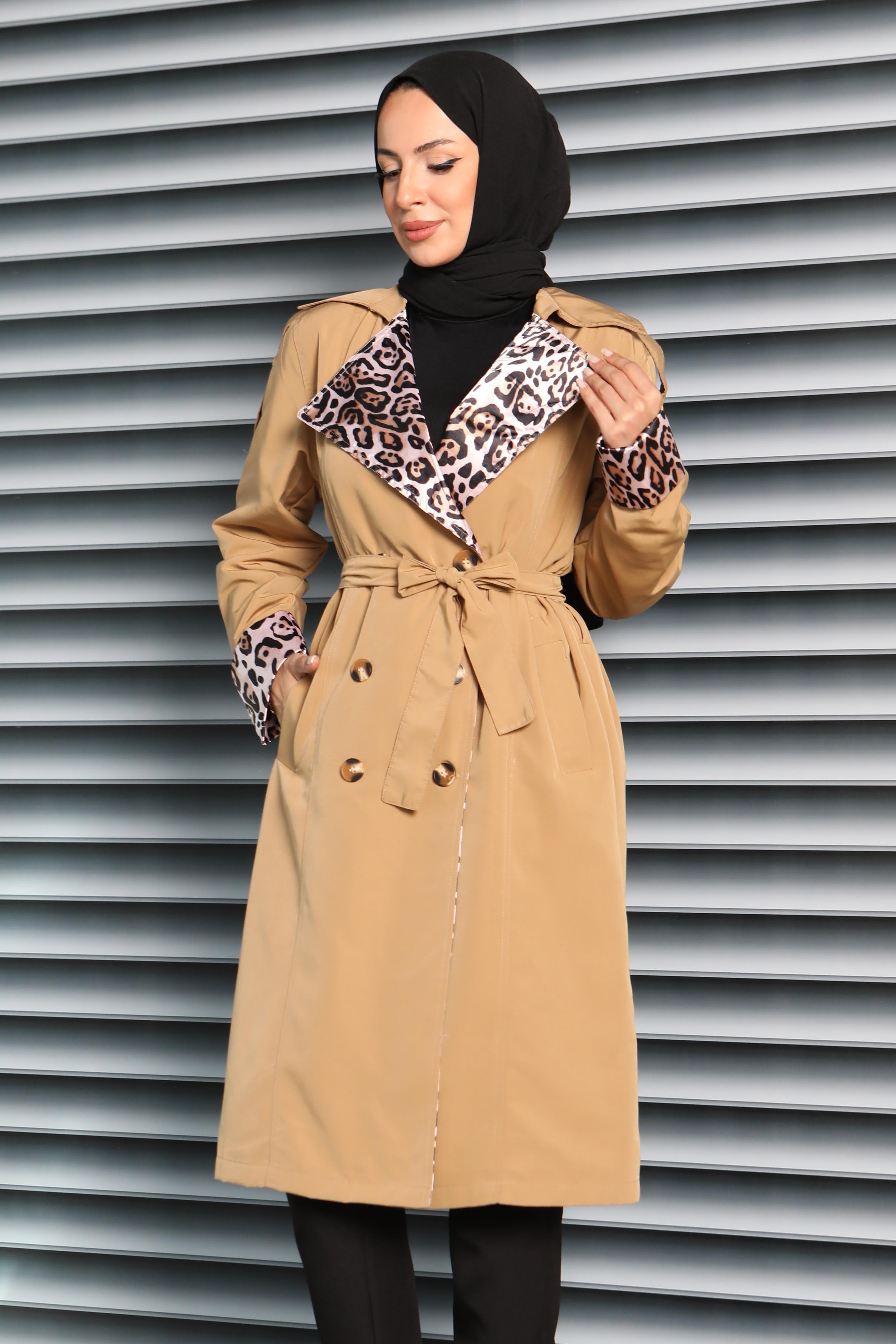 Düğmeli Leopar Detaylı Trençkot  - 27602