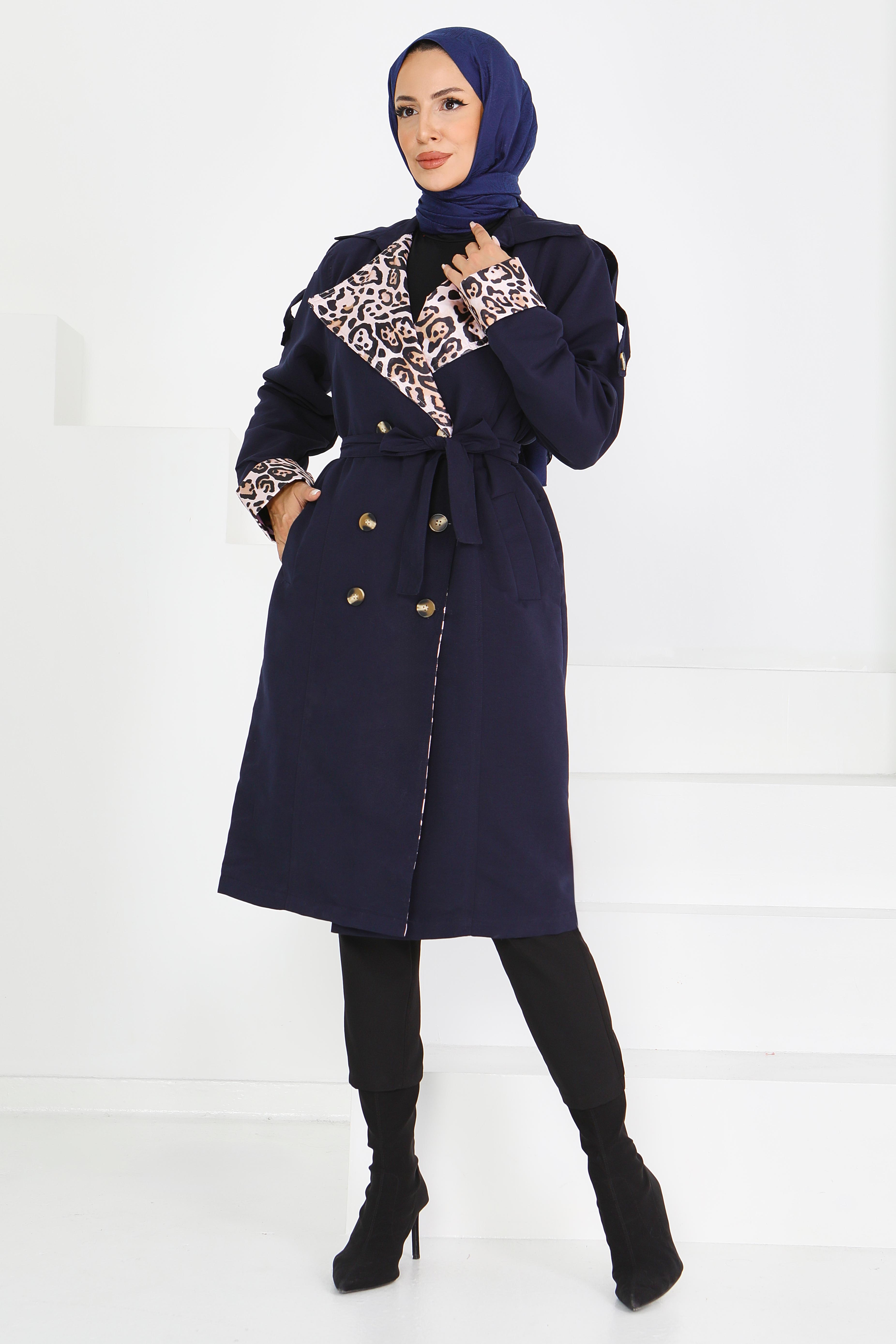 Düğmeli Leopar Detaylı Trençkot - 27602